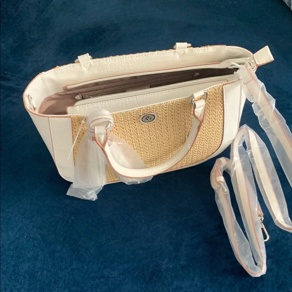 Anne Klein White and Tan Satchel with Chic Tassel with shoulder strap.